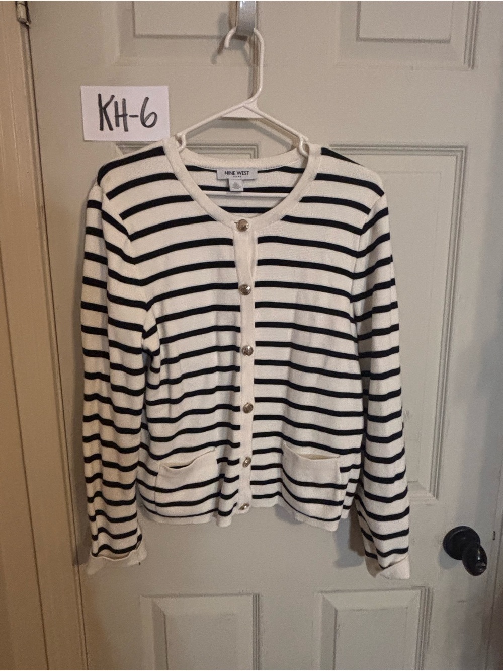 Nine West Black & White Striped Crewneck Cardigan